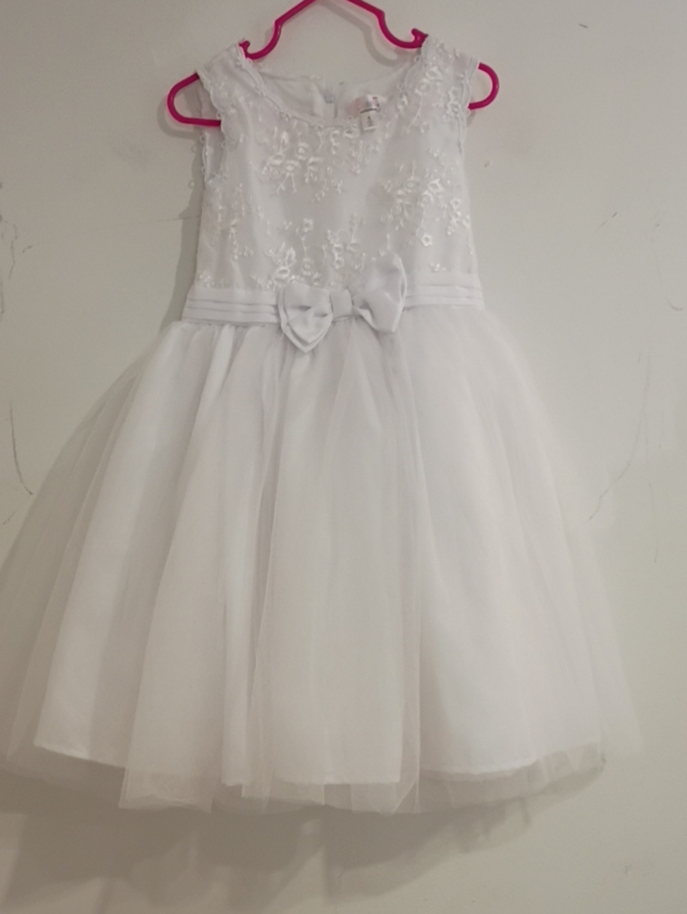 Biscotti White Floral Appliqué Tulle Party Dress with Satin Bow